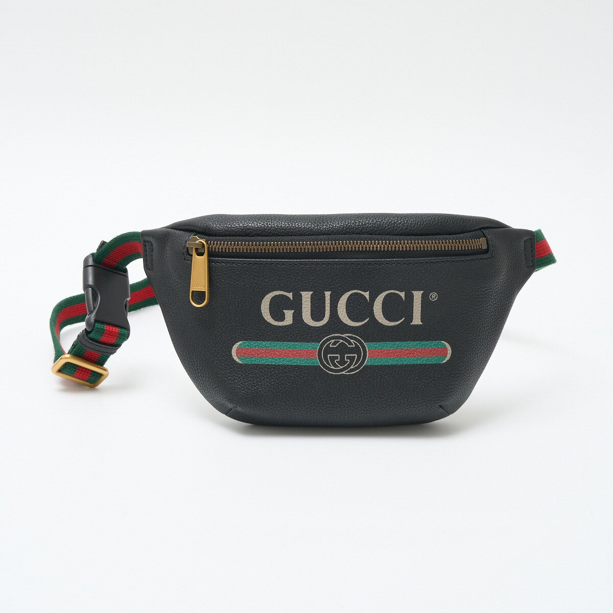 【中古】GUCCI グッチ プリント レザー スモール ベルトバッグ 527792 ボディバッグ レザー×キャンバス ブラック×ウェブストライプ×ゴールド