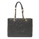【中古】CHANEL シャネル GST トートバッグ 8番台 チェーンショルダーBAG キャビアスキン ブラック×ゴールド ココマーク フォーマル レディース