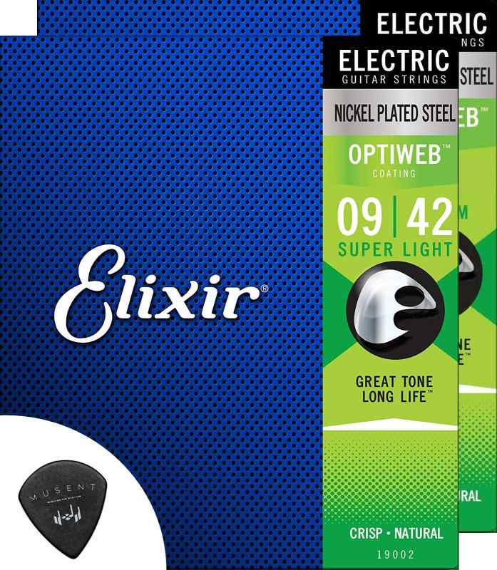 Elixir エリクサー エレキ ギター 弦 2 セット スーパー ライト 009-042 オプティウェブ コーティング 弦 Musent ピック付 お試しセット 19002-2P