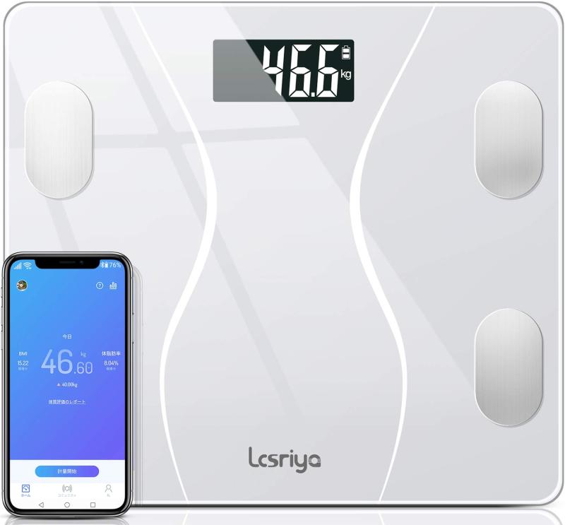 体重計 体組成計 体脂肪計 スマホ連動 Bluetooth対応 スマートスケール ヘルスメーター 体重/体脂肪率/体水分率/骨量/基礎代謝量/内臓脂肪レベル/BMIなど測定可能 Fitbit/Apple Healthと連携 iOS/Android