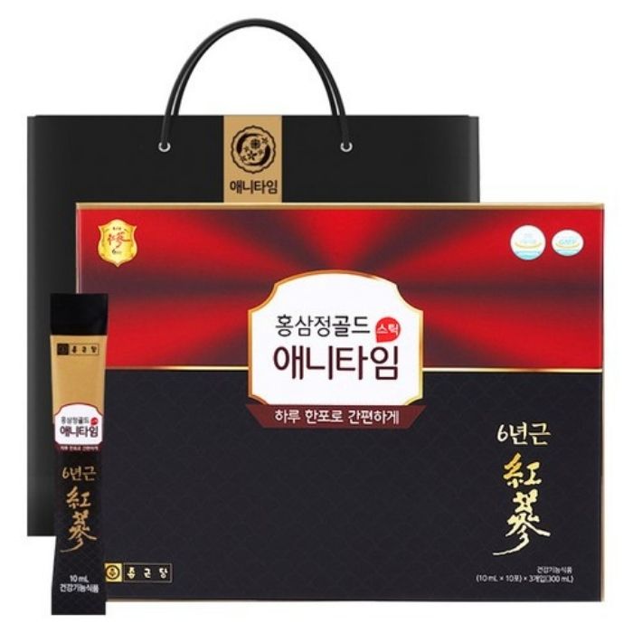【6年根 紅参濃縮液】チョングンダン 紅参錠 ゴールド エニータイム 紅参スティック 300ml(10ml x 30個) + ショッピングバッグ【送料無料】【韓国製】