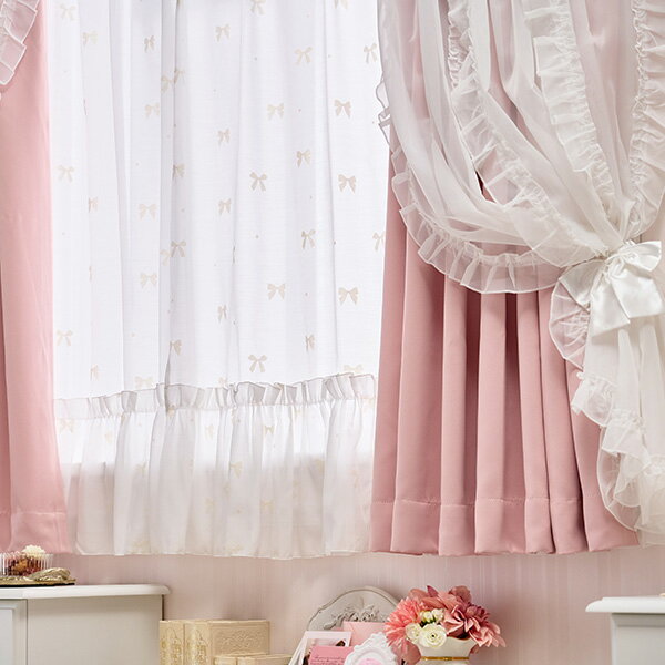 リボンフロッキーレースカーテン（幅100×丈108・2枚組）｜姫系 かわいい クラシック ガーリー アンティーク風 ロリータ