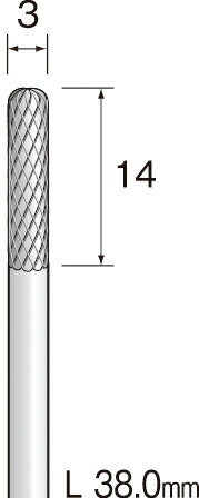 ≫ 商品詳細 ≪ ●切削性、耐摩耗性、耐久性に優れています。 ●重切削から精密切削まで目的に合わせ豊富なサイズやカット形状があります。 【仕様】 ●最大使用回転数：50000r.p.m. ●先端径：φ3mm ●先端長：14 ●クロスカット ●シャンク径：φ3.0mm ●全長：38mm ●入数：1本 【適合素材】 ●工具鋼/合金鋼/一般鋼/ステンレス/アルミニウム/銅 【適合機器】 ●電動グラインダー ●エアーグラインダー ●スピンドル ●自動機ロボット 【ミニモ推奨ハンドピース】 ●最適：M112H、M112HS、 ●使用可能：V11H、V21H、V112HS、V212HS ※画像は代表イメージです。