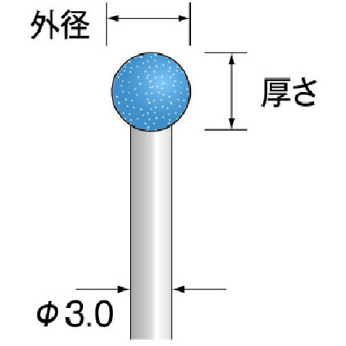 ≫ 商品詳細 ≪ ●加工素材を選ばないオールマイティーな軸付砥石です。 【仕様】 ●粒度(#)：80 ●形状：球 ●外径(mm)：6 ●幅(mm)：6 ●軸径(mm)：3.0 ●最高使用回転数(rpm)：70000 ●刃径(mm)：6.0 ●全長(mm)：46 ●砥粒：SPH ●適合素材：チタン合金、超耐熱合金、合金工具鋼、ステンレス鋼、一般鋼 ●軸径：φ3.0 ●刃径(mm)：6.0 ●全長(mm)：46.0 ●球形状 ●特に超耐熱合金、チタン合金の難削材料に優れた研削性能を発揮 ●入数：10 ●重量：50g ※画像は代表イメージです。