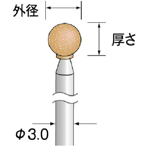 ≫ 商品詳細 ≪ ●深穴、深いスリット等の加工に最適です。 【仕様】 ●粒度(#)：100 ●形状：球 ●外径(mm)：4 ●幅(mm)：4 ●軸径(mm)：3 ●最高使用回転数(rpm)：10000 ●刃径(mm)：4.0 ●全長(mm)：84 ●砥粒：WA ●適合素材：合金工具鋼、ステンレス鋼、一般鋼、アルミニウム、銅 ●軸径：φ3.0 ●刃径(mm)：4.0 ●全長(mm)：84.0 ●球形状 ●深穴、深いスリット等の加工に最適 ●入数：10 ●重量：50g ※画像は代表イメージです。