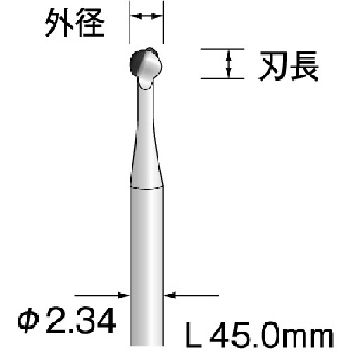 ≫ 商品詳細 ≪ ●高靭性素材を使用したスチールカッターです。 【仕様】 ●形状：球 ●刃径(mm)：2.3 ●刃長(mm)：2.1 ●軸径(mm)：2.34 ●軸径：φ2.34 ●外径(mm)：2.3 ●全長(mm)：45 ●最高使用回転数(rpm)：3000 ●適合素材：樹脂、ゴム、アルミニウム、銅 ●軸径：φ2.34 ●刃径(mm)：2.3 ●刃長(mm)：2.1 ●全長(mm)：45.0 ●高靭性素材を使用したスチールカッター ●入数：5 ●重量：50g ※画像は代表イメージです。