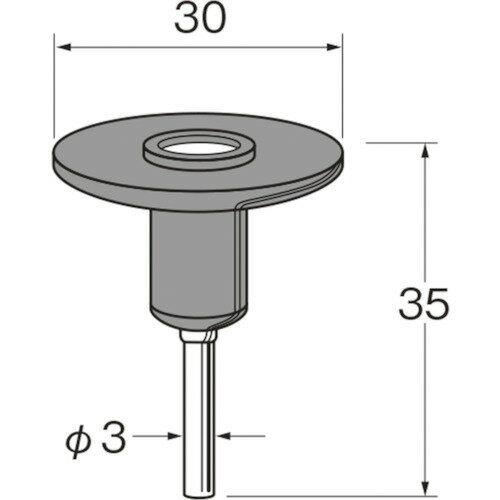 ≫ 商品詳細 ≪ ●柔軟性に富んだゴムを使用していますので、曲面などによくなじみます。 ●研削用、研磨用ディスクを貼り付けて使用します。 【仕様】 ●外径(mm)：30 ●軸径(mm)：3 ●最高使用回転数(rpm)：15000 ●全長(mm)：35 ●重量：42g ※画像は代表イメージです。
