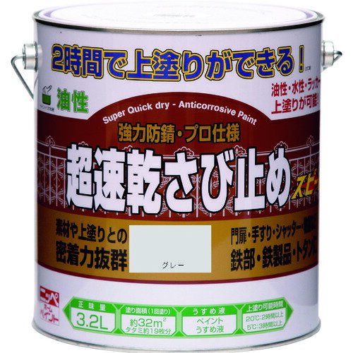 【6/1最大P5倍・400円クーポン】ニッぺ 超速乾さび止め 3.2L グレー HWC102-3.2 4976124403231