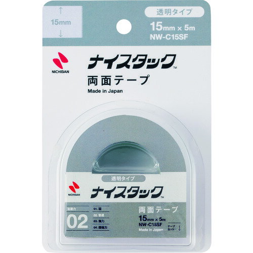 ≫ 商品詳細 ≪ ●窓ガラスなどの透明なところへの貼り付けに ●透明度の高いセロハンベースの両面テープ ●ホルダー、巻心は再生紙を使用 ●カッターつき ●ホルダーはミシン目つきで、分別廃棄がしやすい 【仕様】 ●幅(mm)：15 ●長さ(m)：5 ●厚さ(mm)：0.08 ●基材：セロハン ●粘着剤：ゴム系 ●剥離紙：ポリラミ紙 ●サイズ：15mmX5m ●重量：34g ※画像は代表イメージです。