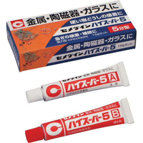 ≫ 商品詳細 ≪ ●金属ガラス、陶磁器、硬質プラスチックなどの接着。 ●混合後は5分で硬化が開始するエポキシ系接着剤です。 ●急ぎの作業に適する速硬化タイプです。 ●主剤をブルーに着色してあり、混合の目安として色が消えるため大変便利です。 【仕様】 ●容量(g)：25 ●硬化時間(23℃)：1時間 ●2液混合型 ●重量：40g 【材質/仕上げ】 ●主成分：エポキシ樹脂 ●無溶剤 ※画像は代表イメージです。