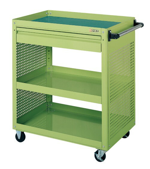 【11/1はP3倍! 400円クーポン】【直送】【代引不可】サカエ(SAKAE) スーパーワゴン 3段 両側パンチングパネル付 天板皿型引出し付 750X500X880 グリーン EKR-1CP