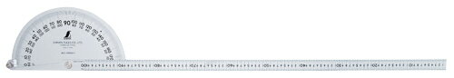 ≫ 商品詳細 ≪ ●角度の測定やケガキ、長さ測定に使用するプロトラクター ●目盛はエッチングで刻み、黒クロムメッキを施してあるので取れません。 ●シルバー加工で表面の反射を抑え目盛が読み取りやすくなっています。 【仕様】 ●重量：1562g 【材質/仕上げ】 ●本体：ステンレス ●ネジ：鉄 ※用途以外には使用しないで下さい。 ※画像は代表イメージです。