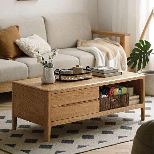 センターテーブル ローテーブル 引出し 引き戸 収納付き 置き台 省スペース コンパクト おしゃれ 新生活 テレワーク シンプル 組立不要 完成品 幅100cm 110cm 120cm 135cm ナチュラル オーク材 無垢材 yeswood [3]