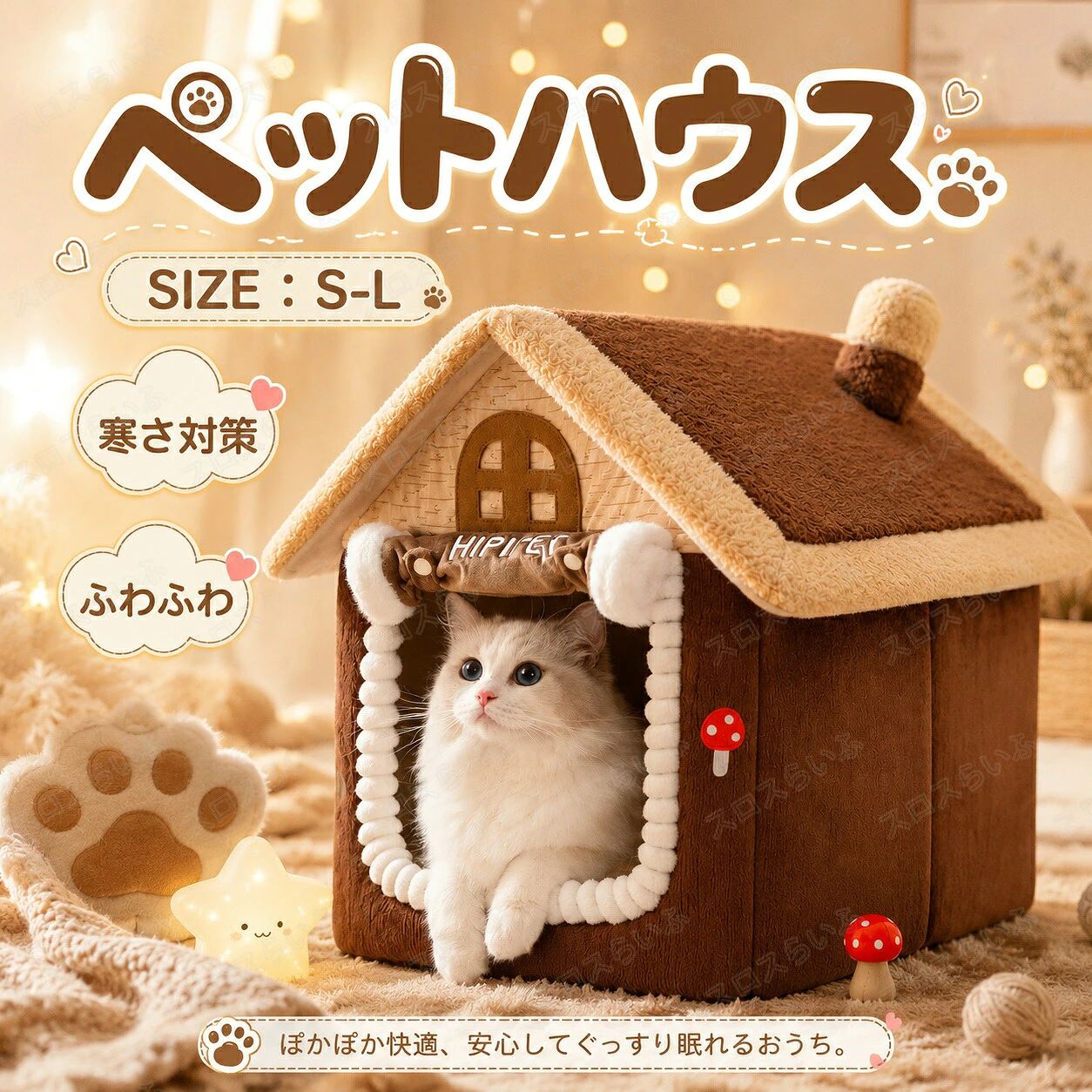 商品詳細ペット 猫・犬通用可愛い形で体を覆う は、中の温かさを持保ちつつ、 ワンちゃん・猫ちゃんを優しく包みます。 本能的に安心して休める場所。 商品サイズ（cm）S（〜3.5KGまで）、M（〜7.5KGまで）、L（〜14KGまで） 滑り止め付き底部の表面には滑り止めのデザインがされているので、ベットがどんなに動いても 滑りにくいのがメリット。 清潔屋根にファスナー付きで、カバーを取り外すことができ、気軽に手洗っていつも清潔に。
