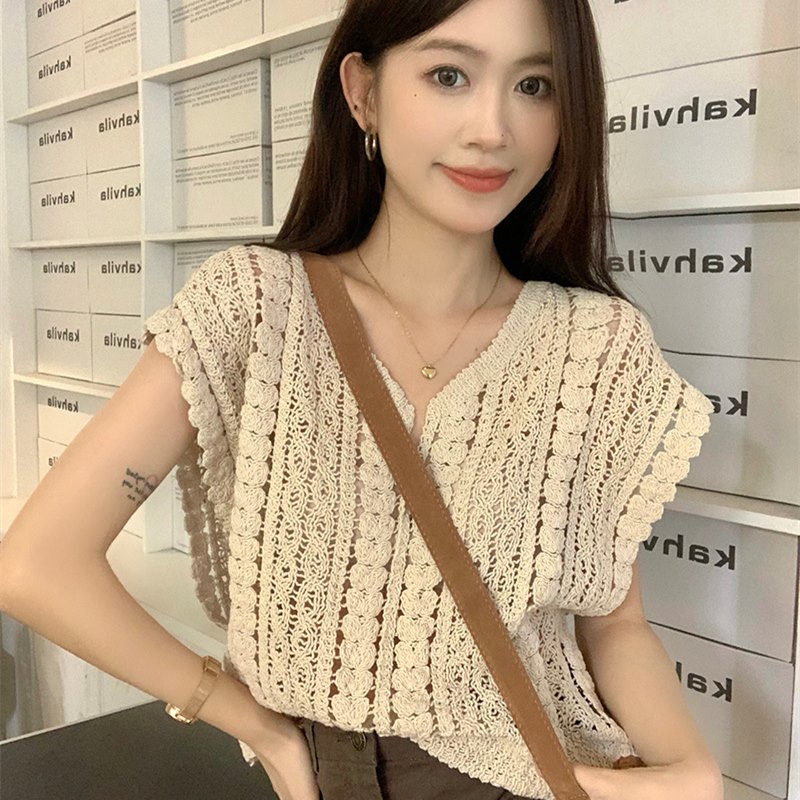 レディース トップス ベスト Vネック ニット サマーニット 透け感 透かし編み メッシュベスト 軽量 メ..