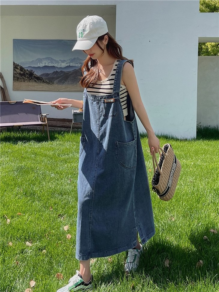 ワンピース レディース ミディアム ジャンパースカート デニム 大きいサイズ サロペット デニム調　吊りスカート 春夏 夏 カジュアル ミモレ丈 ミモレ スリット 無地 春