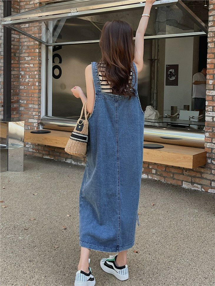 ワンピース レディース ミディアム ジャンパースカート デニム 大きいサイズ サロペット デニム調　吊りスカート 春夏 夏 カジュアル ミモレ丈 ミモレ スリット 無地 春