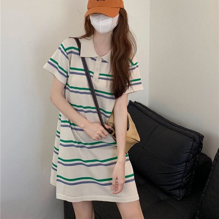 ワンピース ミニ丈 フレア ポロ襟 襟付き ボーダー マルチカラ— ポロシャツ 細身 ゆる ボタン バイカラー カジュアル ラフ 体型カバー 着痩せ...