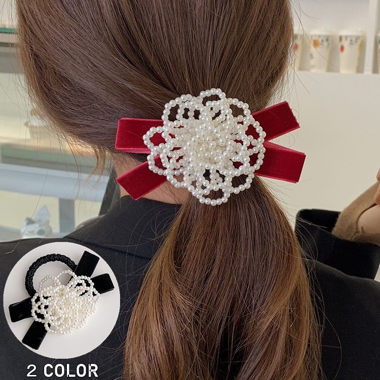 リボン ビーズ 花 ヘアゴム ヘアアクセサリー まとめ髪 結う 束ねる ゴム ヘア 髪...