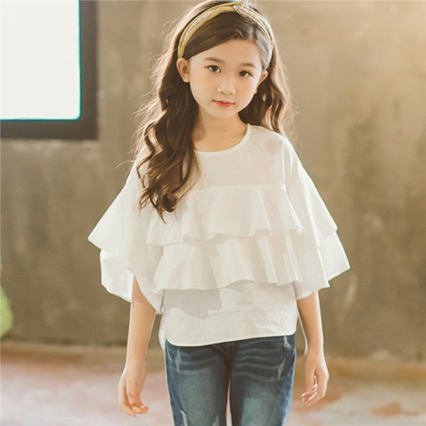 Rakuten - 送料無料 即納 半袖Tシャツ 女の子 半袖トップス 無地 肩フリル 春 夏 ブラウス プルオーバー キッズ 子ども服 韓国子供服 ジュニア 子供服 ダンス
