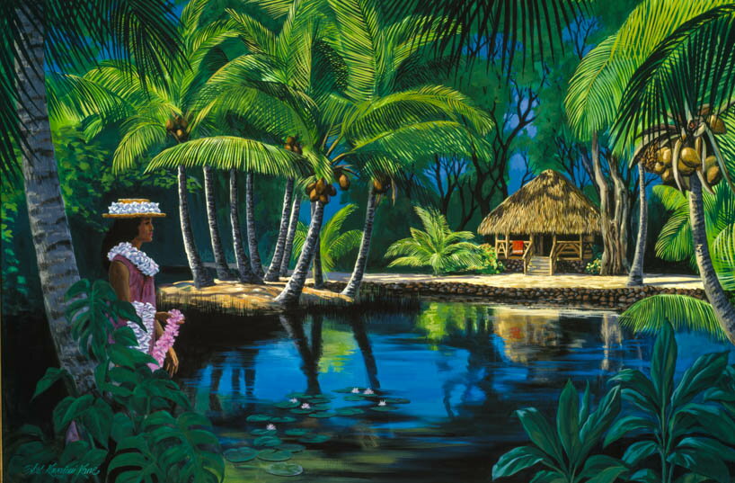 ハワイのジクレー版画アートプリント Tahitian Hut and Lei Girl (タヒチアン・ハット ＆ レイ・ガール) by ハーブ・カネ（Herb Kane）