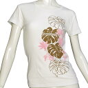 フラT レディース フラ Tシャツ フライス 半袖 フラダンス タヒチアンモンステラ柄 白×モカ&ピンク ネコポス対応可