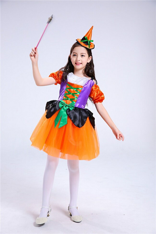 【即納】「送料無料」ハロウィン仮装 女の子 巫女 コウモリ コスプレ 小魔女 ワンピース/帽子/スティック3点セット