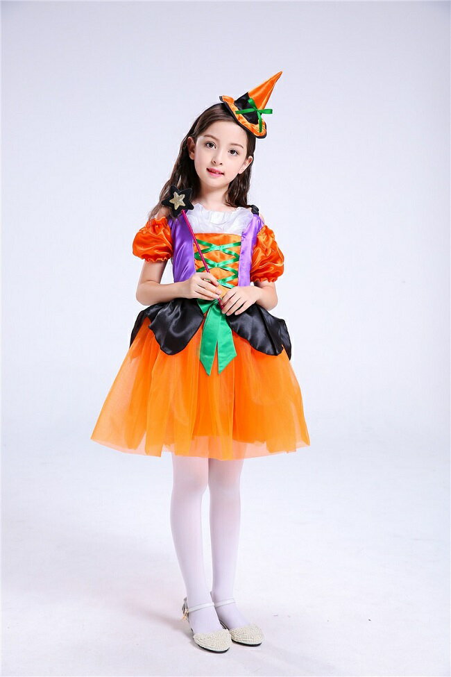 【即納】「送料無料」ハロウィン仮装 女の子 巫女 コウモリ コスプレ 小魔女 ワンピース/帽子/スティック3点セット