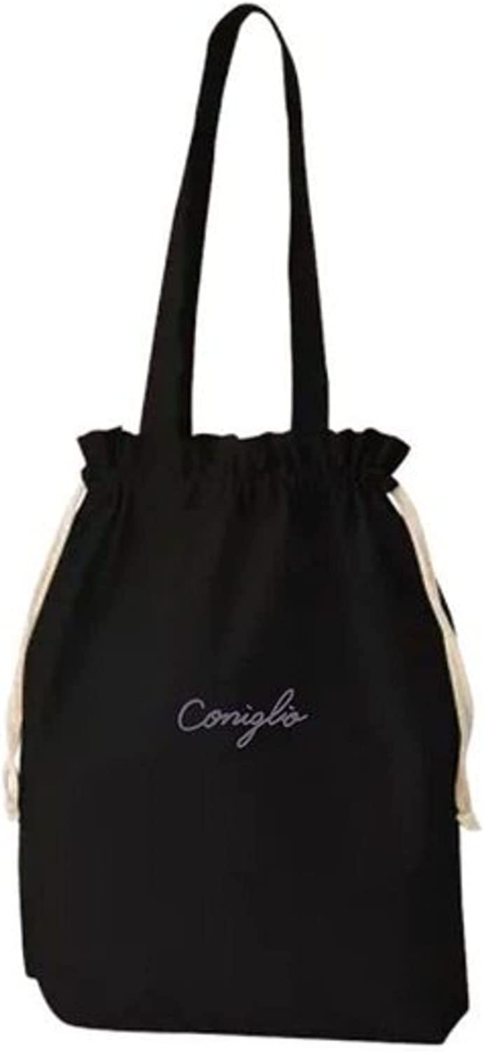 Coniglio コニーリョ 巾着袋型 トートバック 大容量 12リットル ブラック コットン100％ 買い物 レジャー 通勤 通学 サブ マザーバッグ レディースからメンズまで 小さめにも折りたためる