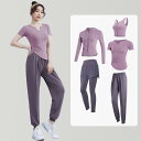 フィットネス ウェア セット レディース サマー ランニング スポーツ プロ仕様 ジム 筋トレ ストレッチ 速乾 ウェア ピラティス トレーニング エレガント ヨガウェア 春夏 半袖 プルオーバー ロング レギンス(4)