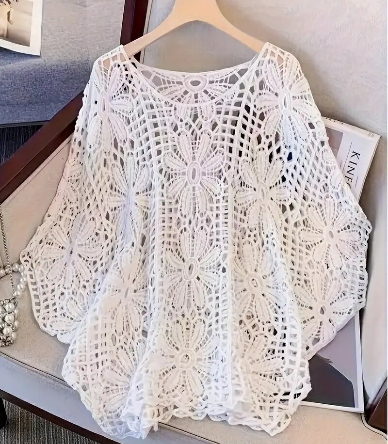 エレガントなホワイトニットベスト - ラウンドネック、半袖、柔らかくて快適なクロシェ柄、ゆったりフィット、春・夏・秋用、洗濯機対応