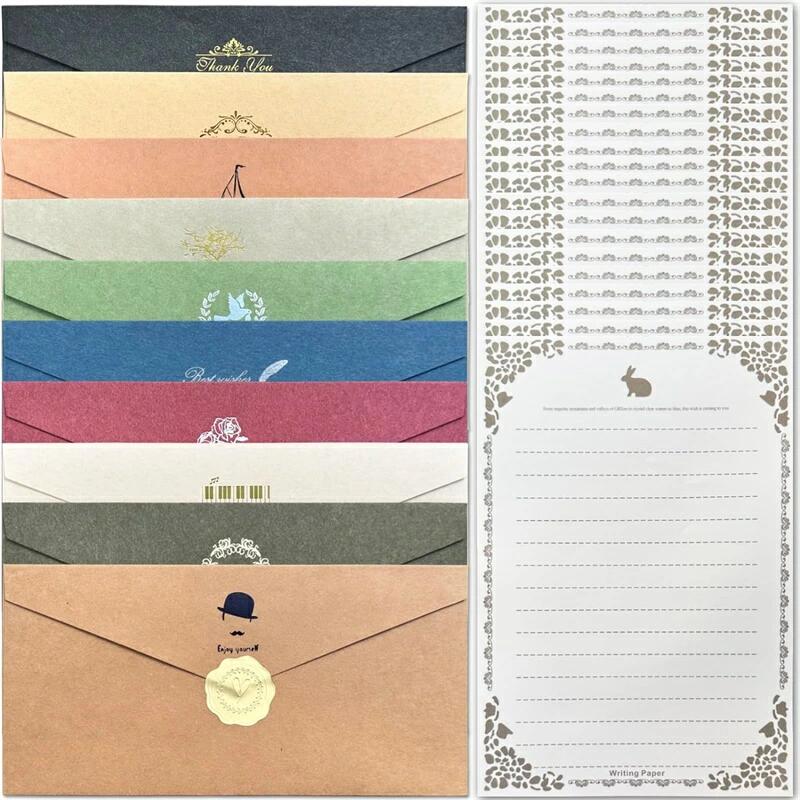 手紙セット 封筒10枚 ウサギ便箋20枚 レターセット クラフト用紙 アンティーク調 シンプル 箔押し 招待状 結婚式 お祝い手紙 挨拶状 お礼状用