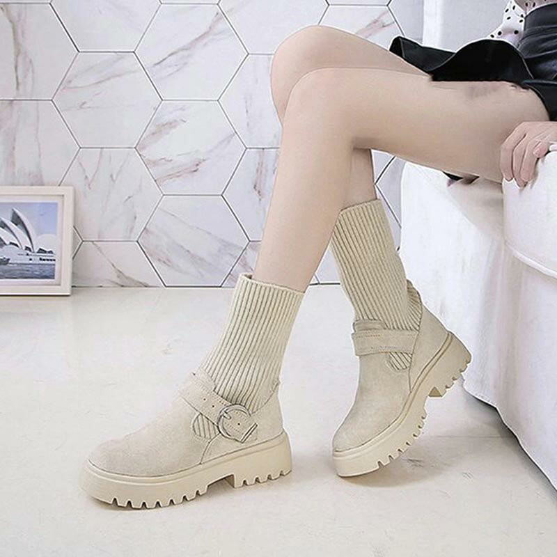 ソックス風 ショートブーツ レディース ソックス風 ショートブーツ レディース 2wayニットブーツ バックルベルト 厚底ブーツ 歩きやすい ハイカット