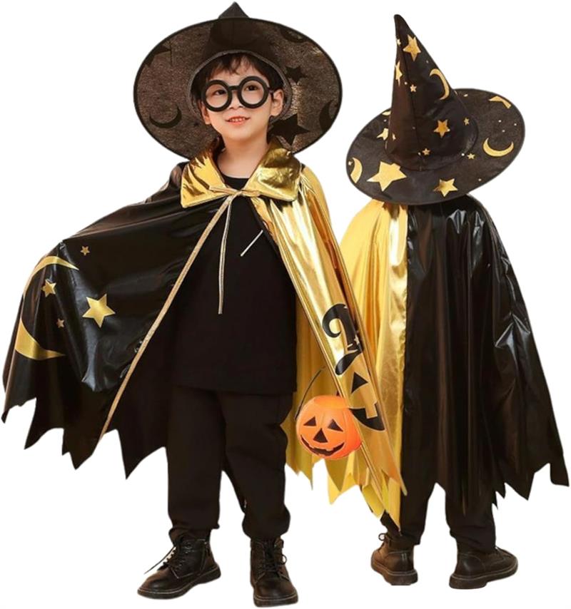 ハロウィン コスプレ 子供 マント 帽子付き 仮装 キッズ 男の子 男女兼用 パーティー イベント キラキラ カボチャ ポンチョ とんがり帽子