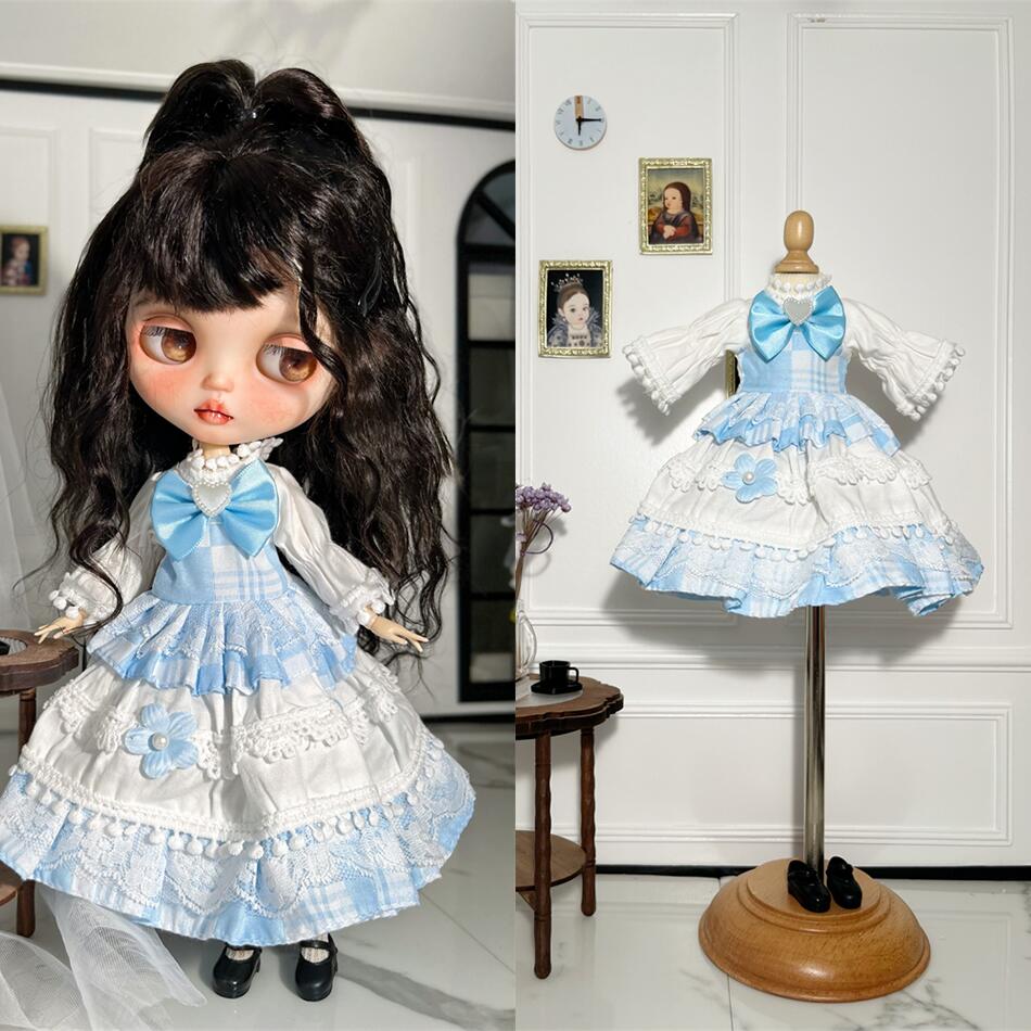 ブライス ネオブライス ブルー ドレス ワンピース ドレス ソックス 2点セット bjd 服 洋服 カスタム ドール アウトフィット