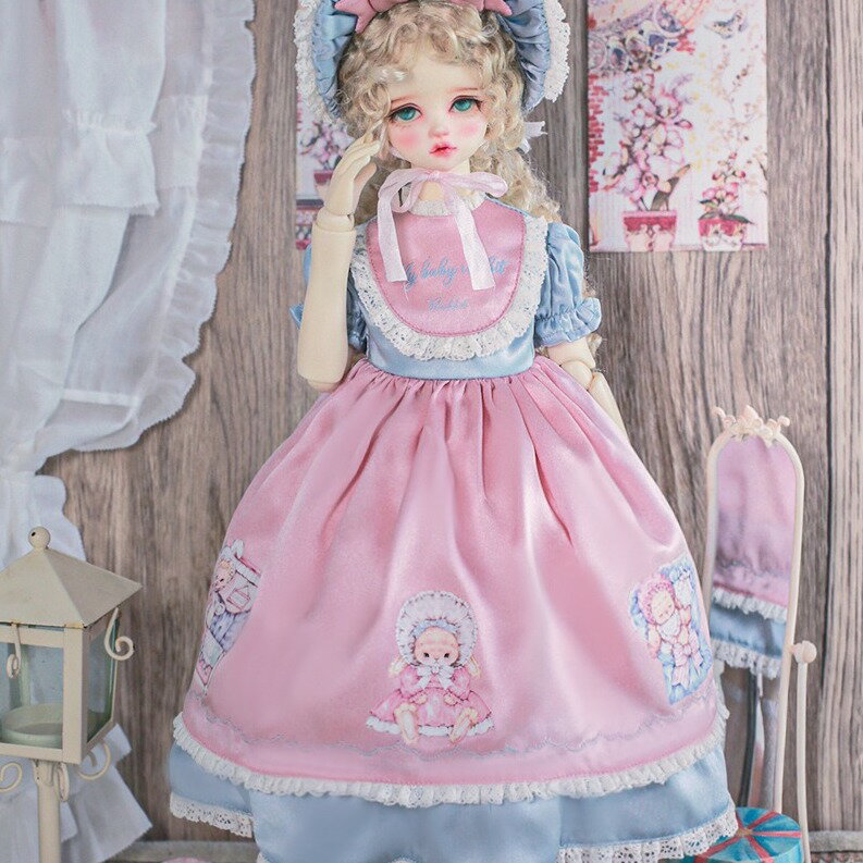 【サイズオーダー可】ロリータ ドール 球体関節人形 BJD 1/3 1/4 1/6 ブライス スーパードルフィー 服 ドレス セット アウトフィット シルク スリーピーラビット ヴィンテージ ボンネット&ワンピース&インナースカート&パニエ&ソックス 5点セット レース フリル ゴスロリ