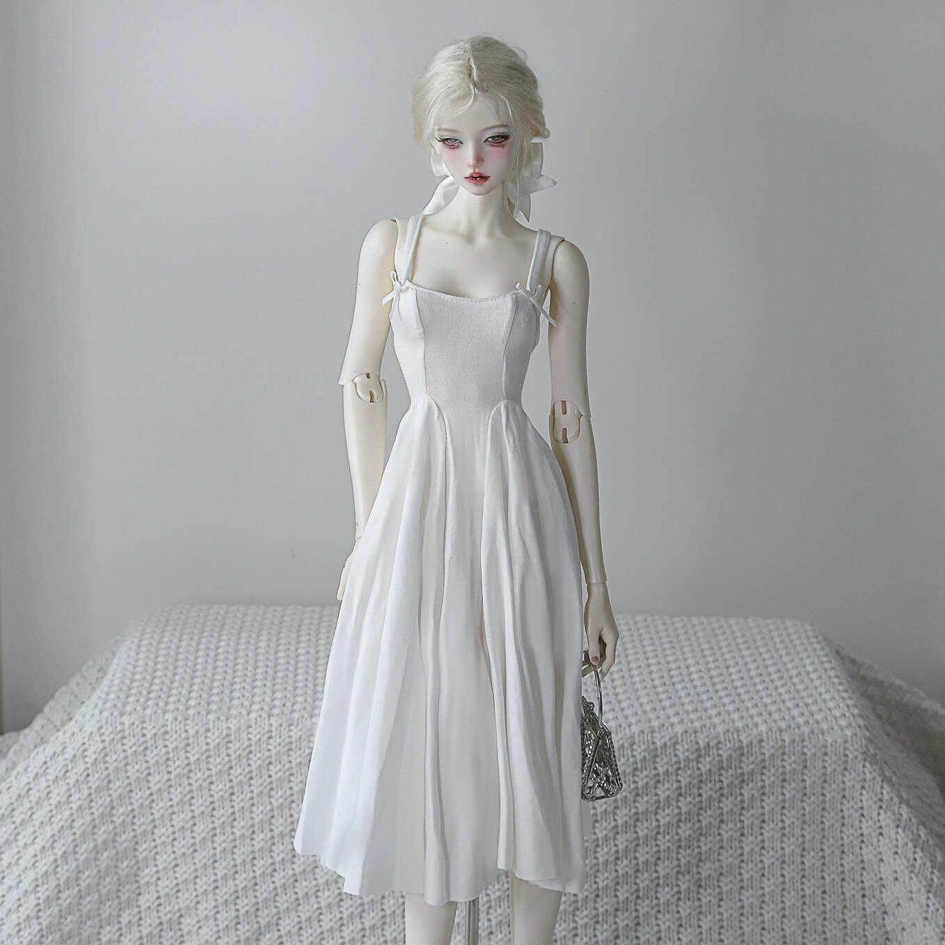 カジュアル ホワイト グレー ワンピース りぼん フレア キャミワンピース ワンピ デイリーコーデ ドール 球体関節人形 BJD 1/3 1/4 スーパードルフィー 服 ドレス セット アウトフィット 女の子