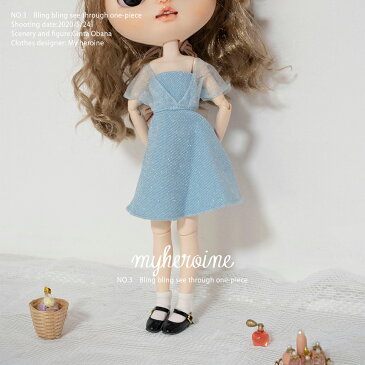 ブライス 服 ワンピース オフショル シースルー blythe 洋服 人形 ネオブライス BJD 球体関節人形 ブルー 夏 青 水色 人形服
