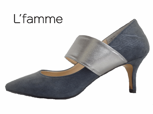 L'famme(ラファム)　7652　グレー/GRAY 【レディース】 パンプス/ポインテッドトゥ/太ストラップ付き/バンド付き 【22cmのみ・お買い得】 本革 ※店頭展示品の為、右足側に少々汚れ有【返品交換不可】画像ご確認下さいませ