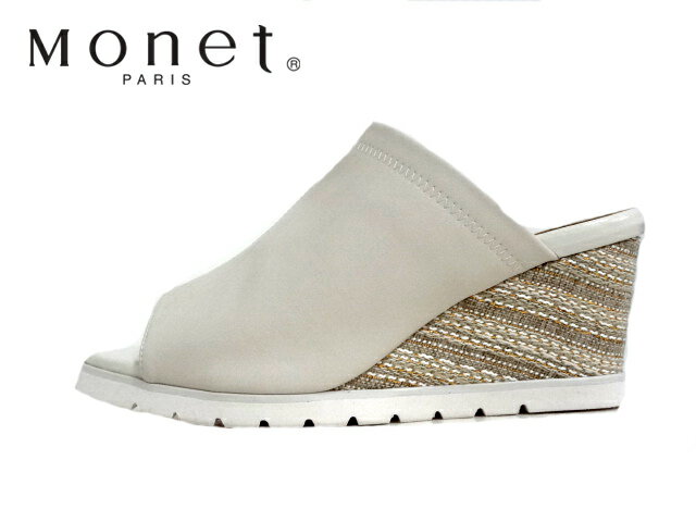 Monet(モネ)212303 WHITE ホワイト【2023SS】【春夏新作】【日本製】レディースミュール ウエッジソールミュール 軽量ミュール 3E幅 オープントゥ デザインヒール 本革ミュール 婦人靴 外反母趾 柔らかい素材