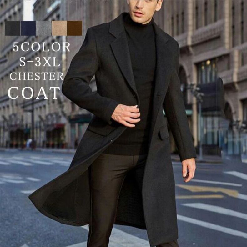 楽天雅堂商社【新商品入荷】大きいサイズ追加 チェスターコート メンズ 長袖 ロング丈 ビジネスコート ロングコート 無地 シングル トレンチコート 防寒 暖かい あったか 通勤 アウター 冬物 秋物 韓国 ファッション コート アウター クリスマス 冬服 冬 秋冬 （ S-5XL）