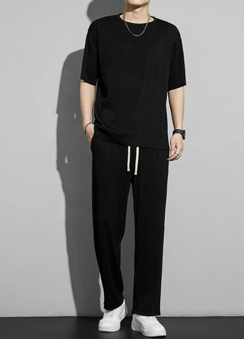 送料無料】セットアップ メンズ 光沢感 ワイドパンツ 冷感接触 涼しい 上下セット サマーセット ビッグシルエット 大きいサイズ ルームウェア 部屋着 半袖 モード系 韓国 メンズファッション 春夏 夏服 カジュアル