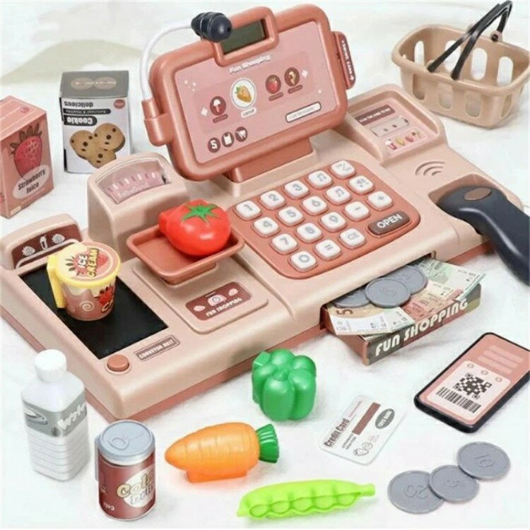 レジおもちゃ【25個セット】レジスターセット クレジットカード 紙幣とコイン付子供用 電卓 計算機 お菓子 果物 レジ オモチャ お買い物レジスター 遊び レジ...