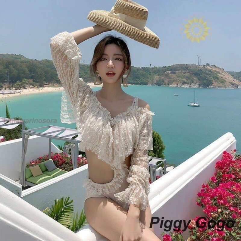 水着 レディース ワンピース水着 レディースビキニ 韓国風 40代 30代 長袖 レース 肩出し フレア きれ..