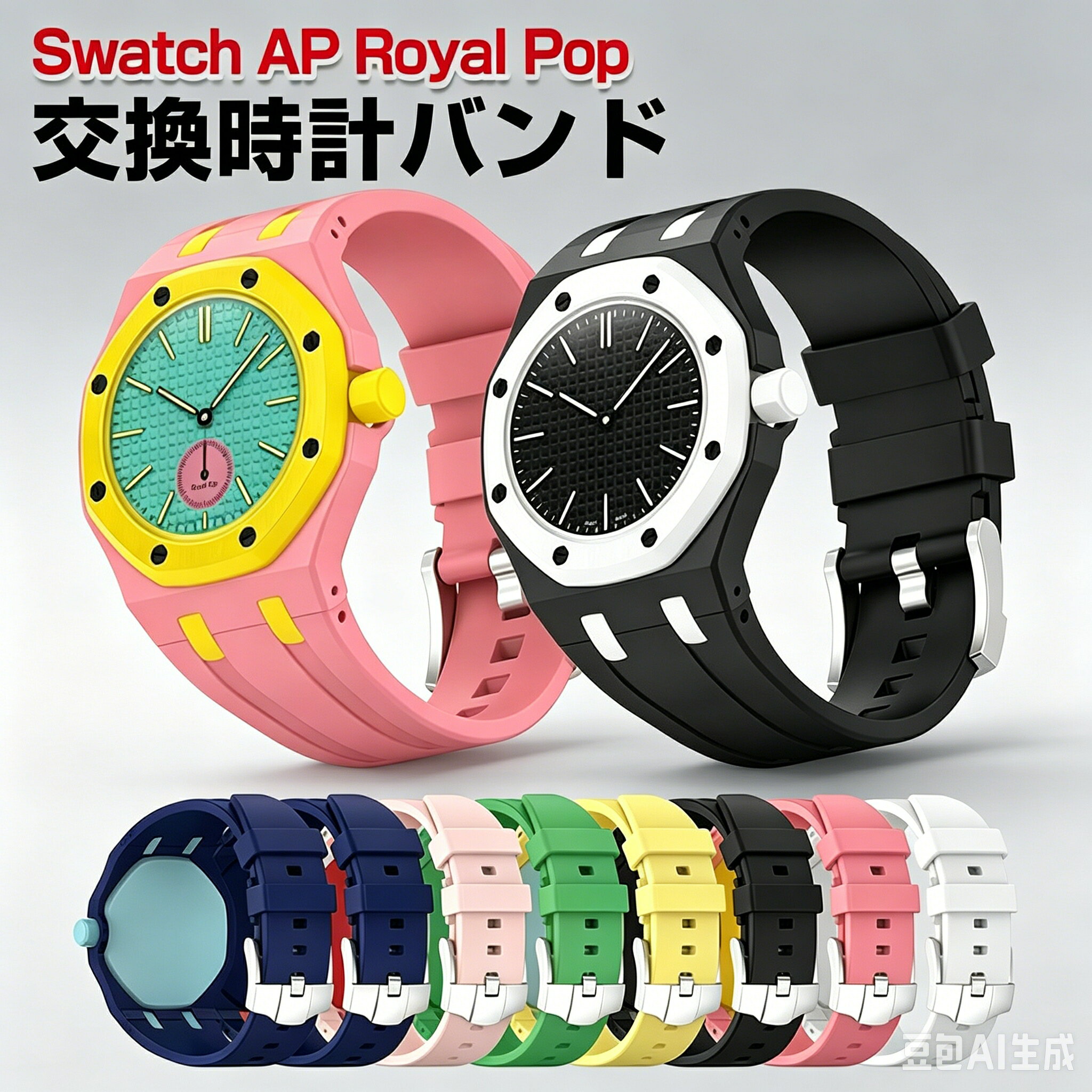 梱包内容：交換バンド×1 素材：シリコン 対応機種：Swatch AP Royal Pop カラー：A、B、C、D、E、F、G、H 特徴 【優れた材質】高品質なシリコン素材を使用し、柔らかく肌に優しい装着感を実現しました。長時間使用しても快適で、日常使いからスポーツシーンまで幅広く対応します。 【防水性】防水性と耐久性に優れており、汗や水に強く、お手入れも簡単です。汚れが付きにくく、清潔な状態を保ちながら使用できます。 【簡単装着】簡単な装着も脱着も可能です、専用に作られたファッション性の高い交換用バンド。 【 男女兼用 ・高級感溢れ】シンプルで高級感溢れるデザイン、きれいなカラーは老若男女問わず、通勤・旅行・日常生活の様々なシーンに対応します。お友達や家族にもギフトとしておすすめます。 【商品品質】 商品の管理・品質については万全を期しておりますが、万一ご注文と異なる商品・不良品が届いた場合は 商品到着後7日以内にお問い合わせフォームにてお名前・受注番号などをご記入の上、ご連絡頂いた場合のみ対応となります。 注意 ※対応機種により細部デザインが異なります。 ※端末本体（ウェアラブル端末・スマートウォッチなど）は含まれておりません。 ※画像はイメージであり、商品の仕様は予告なく変更される場合がありますので予めご了承ください。 ※掲載の商品画像と実際の色は室内、室外での撮影、モニターの表示により若干異なる場合がありますので、ご了承くださいませ。 ※画像は一例となります。購入前に必ずお手持ちの機種をご確認ください。 ※取付は自己責任でお願いします。