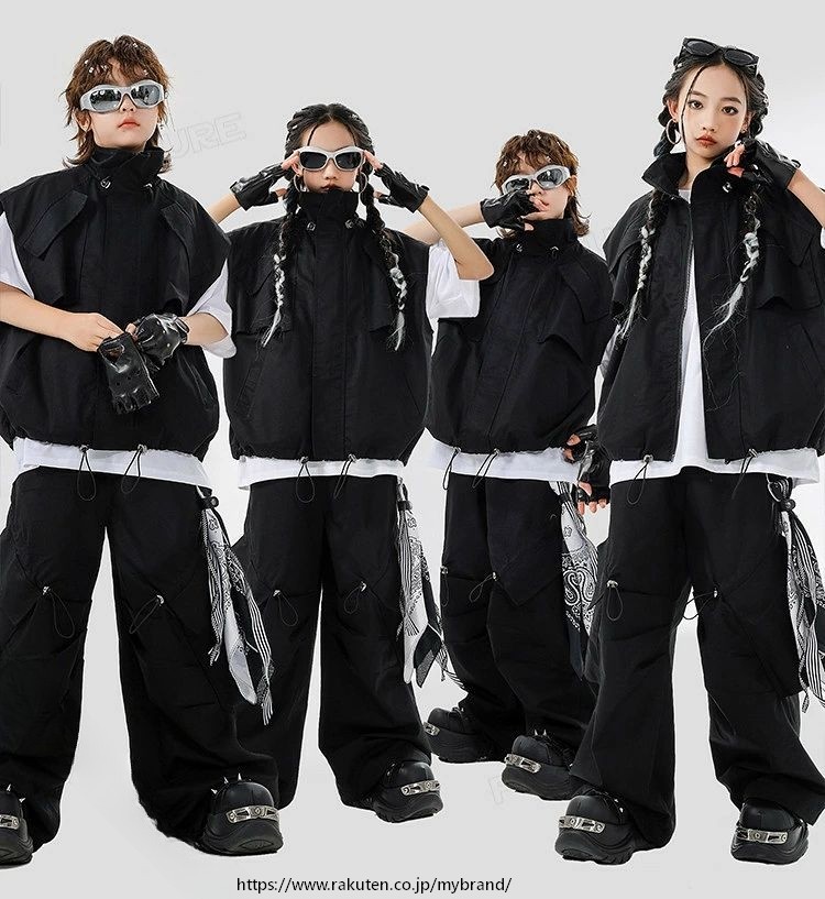 キッズダンス衣装 黒セットアップ 男女兼用 ヒップホップ ワイドパンツ 韓国風 K-POP ジャズダンス 団体服 発表会 ステージ衣装 かっこいい ゆったりTシャツ 袖なし カーゴパンツ 110 180cm