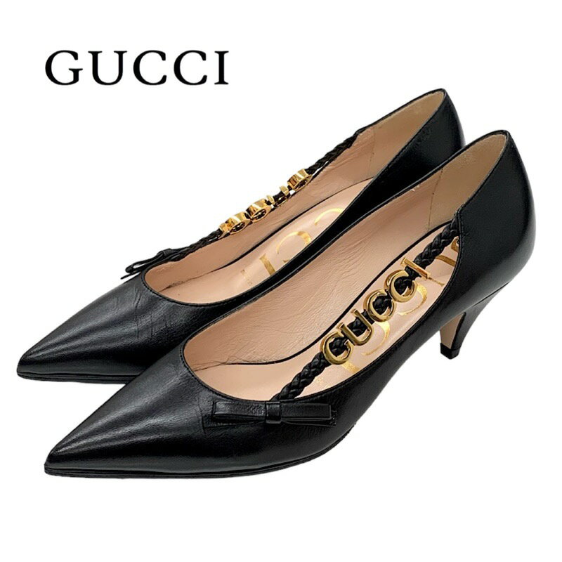 グッチ グッチ GUCCI パンプス 靴 シューズ レザー ブラック 黒 ゴールド ロゴ金具 リボン ギフト プレゼント 送料無料