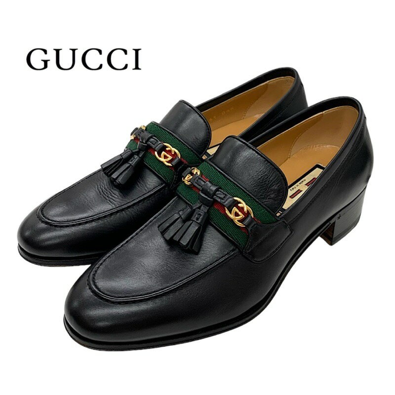 未使用 グッチ GUCCI フラットシューズ ローファー インターロッキング ウェブ タッセル レザー ブラック 黒 ゴールド ギフトプレゼント 送料無料