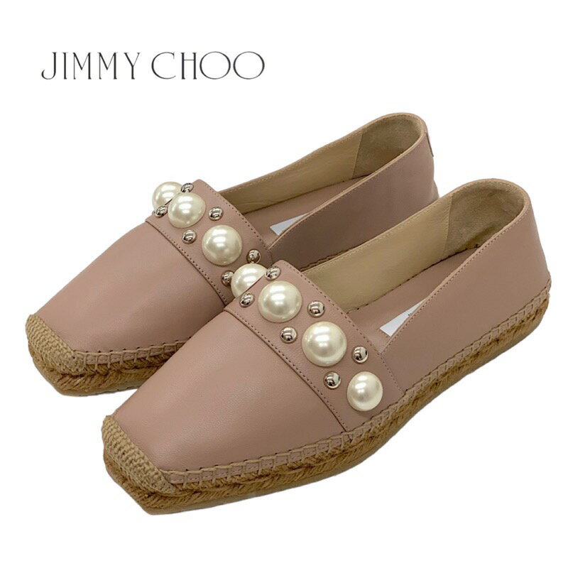 ジミーチュウ JIMMY CHOO DRU フラットシューズ 靴 シューズ レザー ピンクベージュ ホワイト 未使用 エスパドリーユ パール ギフト プレゼント 送料無料