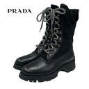 プラダ PRADA ブーツ ショートブーツ ミドルブーツ 靴 シューズ レースアップ レザー ファブリック ブラック 黒 ギフト プレゼント 送料無料